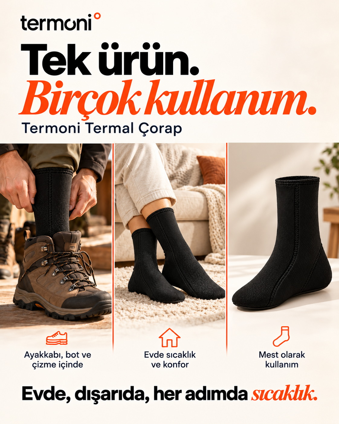 Termoni termal çorabın ayakkabı içinde, evde ve mest olarak kullanımı